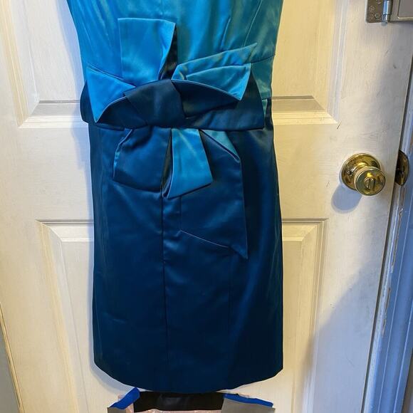 Yimilan Sz M Gorgeous Vintage Satin Turquoise Cocktail Bow Pencil Dress Romantic - Picture 5 of 10